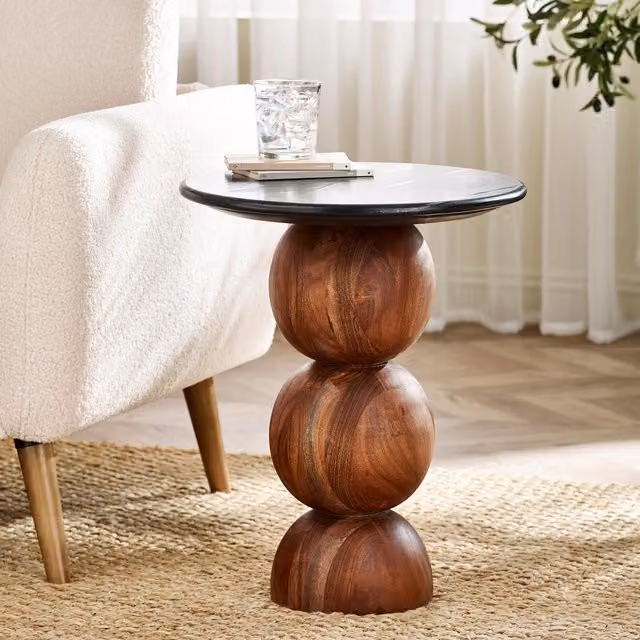 FurnitureboxUK Veer Round Black Marble and Solid Acacia Wood Side Table