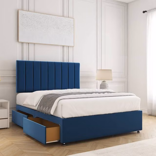 BSSPOKE Aria Blue Velvet Divan Bed with 24 inch Headboard, 2 Drawers, Footend and Mattress, Size: Double (140 x 200 cm)