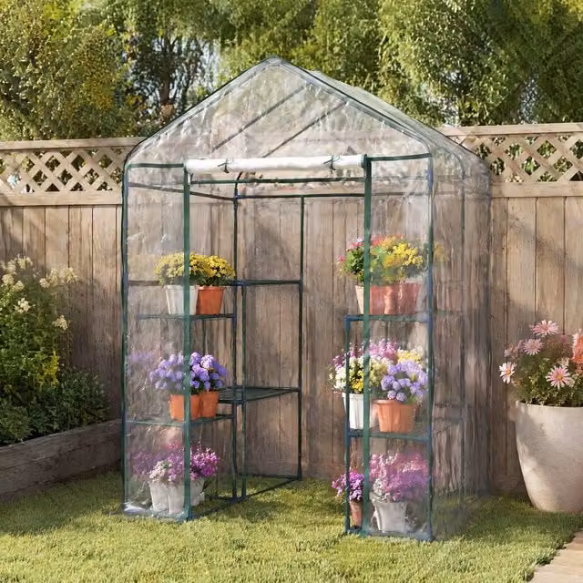 STILVORA Walk-In Greenhouse with 8 Shelves and Roll-Up Door, Transparent, H 195 cm x W 143 cm x D 143 cm