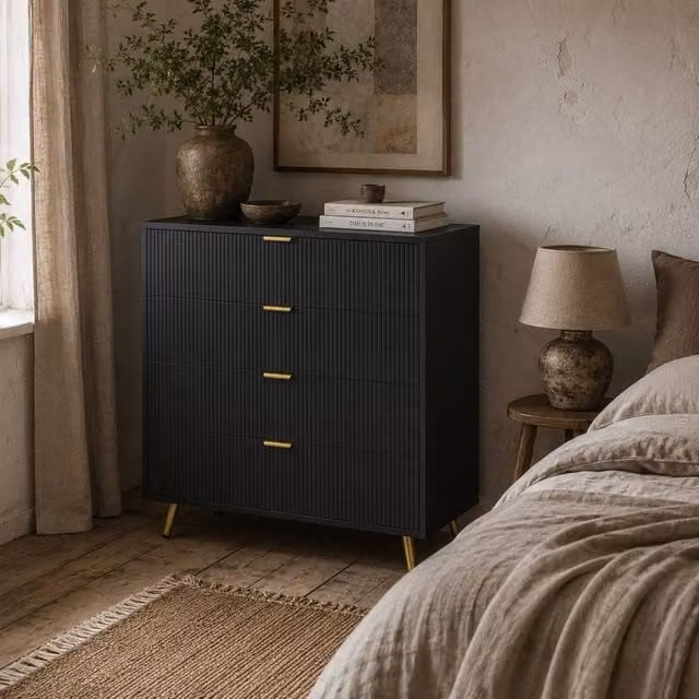 Wyld Haus Disu Black 4 Drawer Bedside Table with Ridged Fronts and Gold Handles W/D/H: 40.0 x 40.0 x 90.0 cm – 1