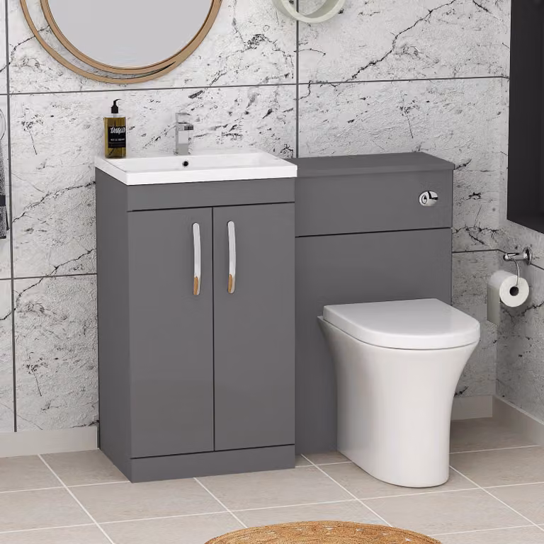 Royal Bathrooms Indigo Grey Gloss 2 Door Vanity Unit Pack with Mid Edge Basin and Breeze Back to Wall Toilet, Width: 100 cm