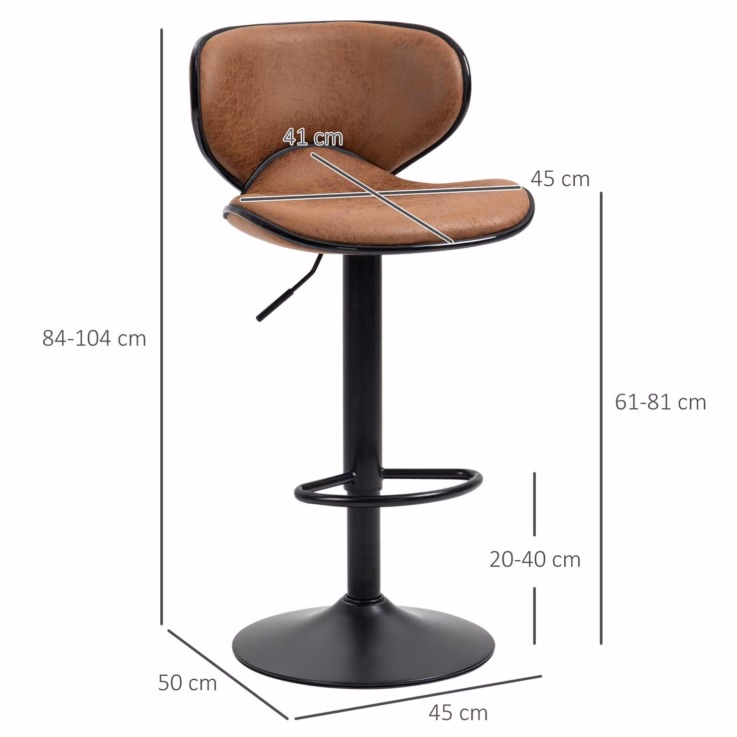 HOMCOM Set of 2 Modern Swivel Bar Stools in Brown Microfibre or Synthetic Leather with Adjustable Height and Metal Base – 3