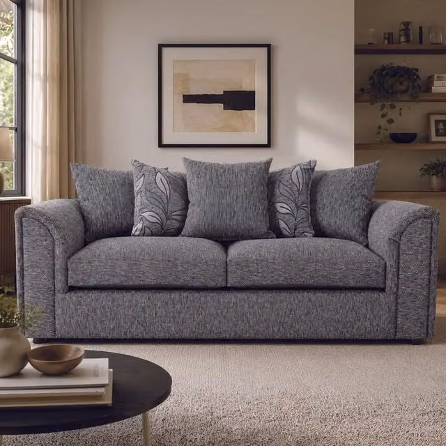 Furnishings For Less UK Byron Dundee Chenille Fabric 3 Seater Sofa in Grey with Scatter Cushions and Removable Covers