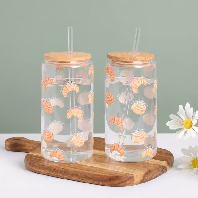 OHS 2 Pack Printed Transparent Plastic Tumbler Drinking Jars with Bamboo Lids, 600ml per jar – 1