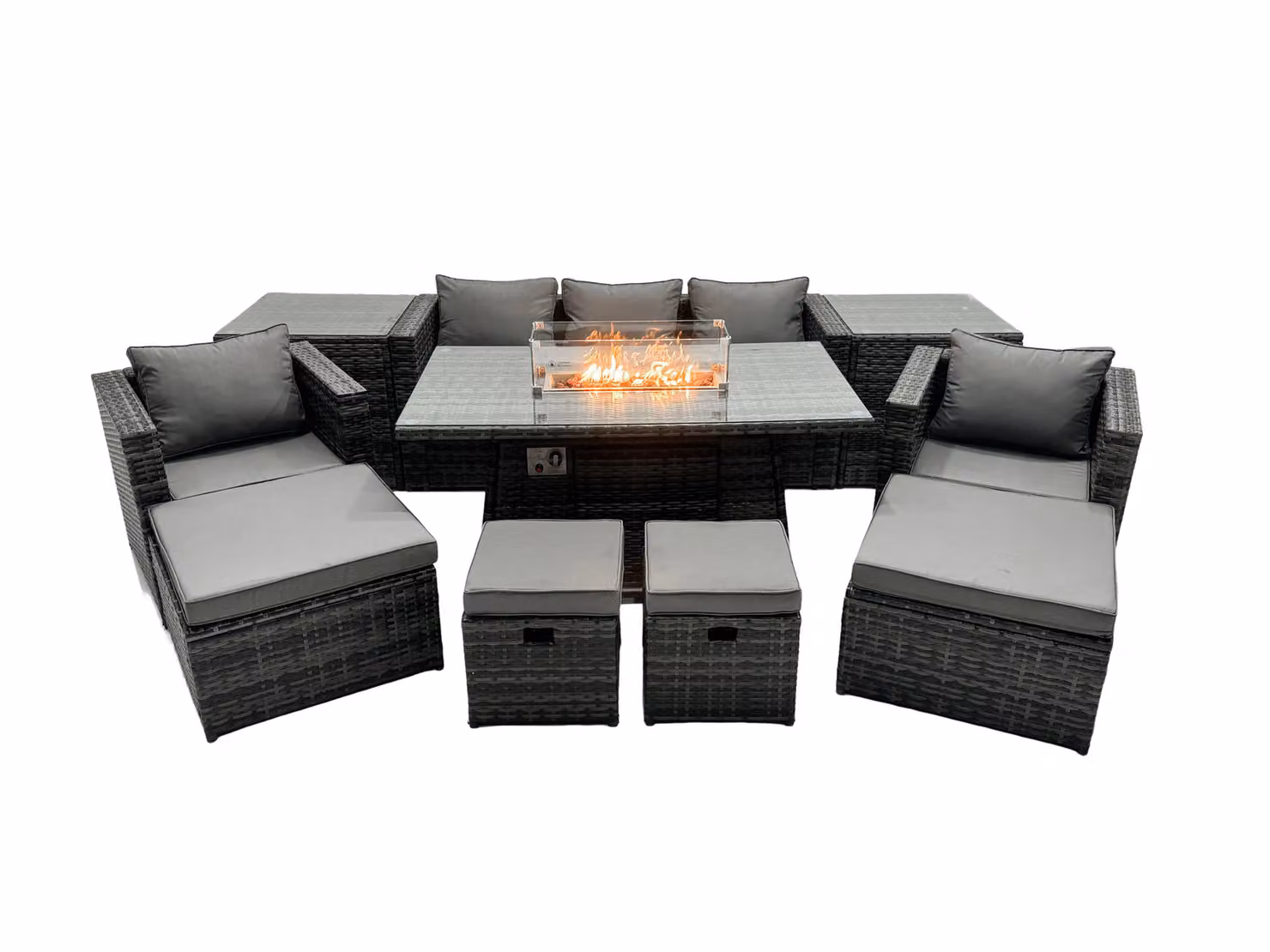 Fimous 9 Seater Rattan Garden Furniture Firepit Dining Set with Lounge Sofa, Table, 2 Side Tables and 4 Footstools in Dark Grey – 2