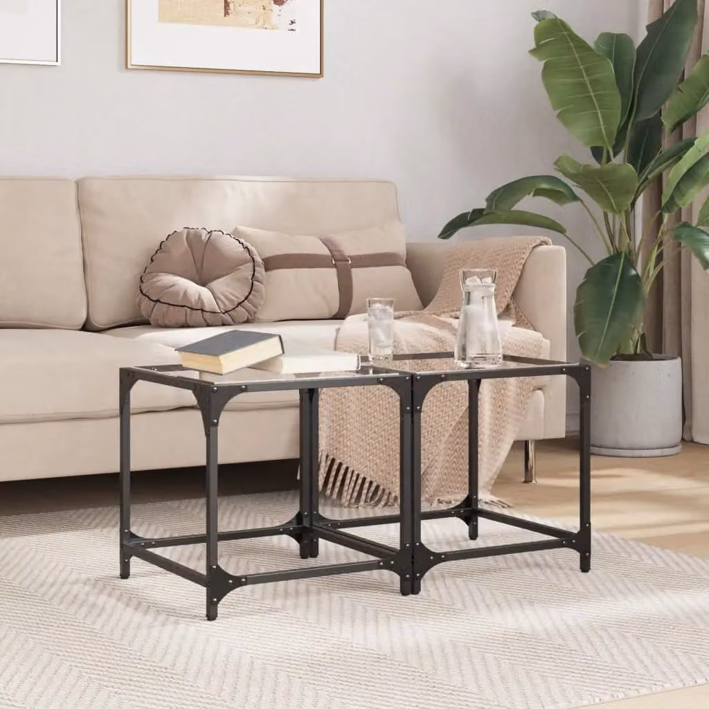 Berkfield Home Set of 2 Modern Square Coffee Tables with Transparent Glass Tops and Brown Steel Frames, W/D/H: 40 x 40 x 40 cm