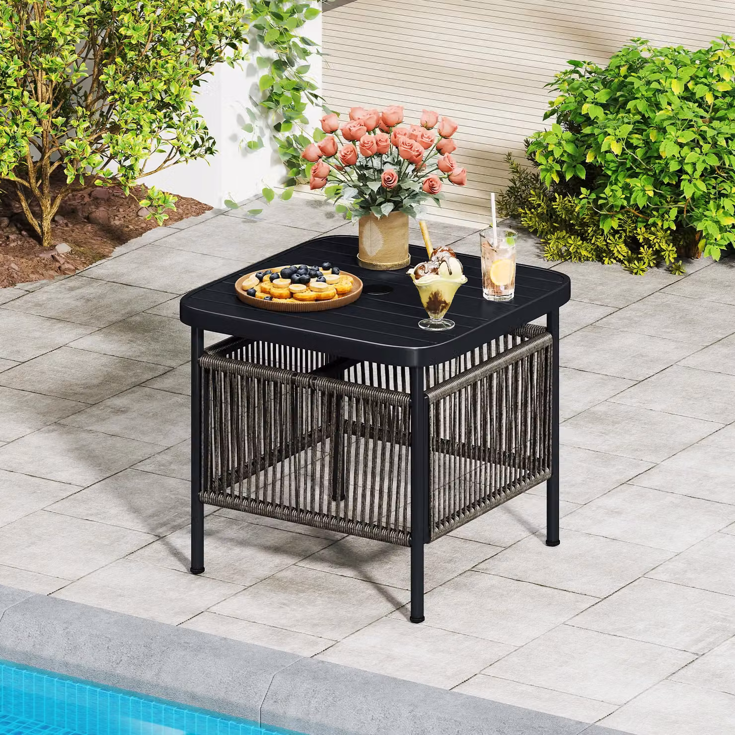 Gymax Outdoor Square PE Rattan Side Table in Dark Grey with 5cm Umbrella Hole – 8