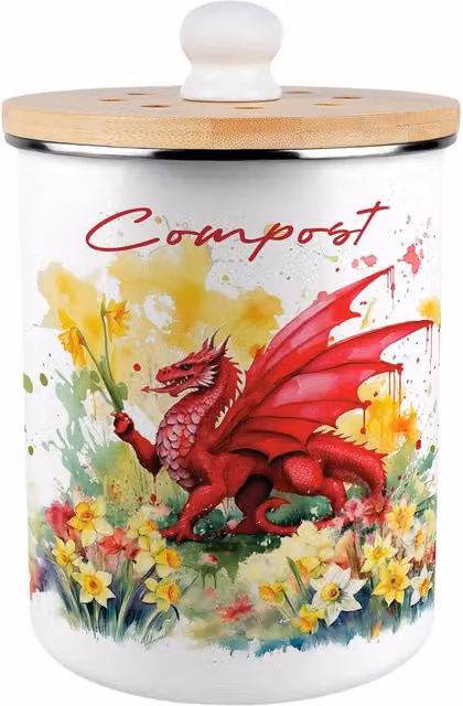 Purely Home Welsh Dragon and Daffodils Metal Compost Caddy with Flip Lid, 2L, Red and White