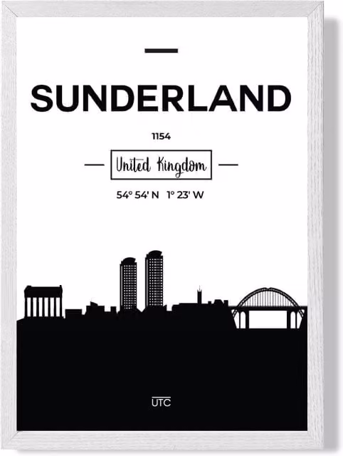 ARTZE Sunderland Black and White City Skyline Framed Print with White Frame, A3