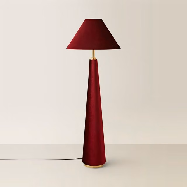 ValueLights Martha Conical Velvet Midi Floor Lamp in Red and Gold/Brass