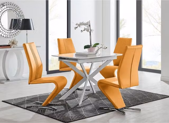 FurnitureboxUK LIRA 100 Extending Rectangular Glass Dining Table and 4 Willow Chairs in Yellow and White