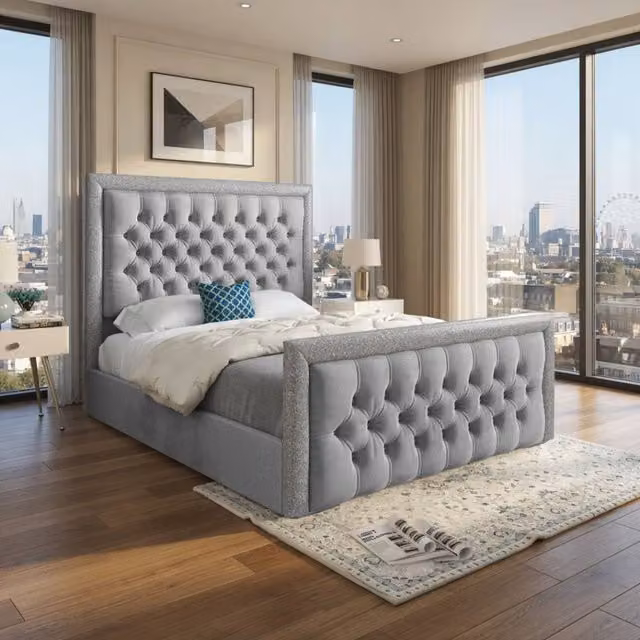 Casani Thornton Grey Soft Velvet Upholstered Designer Bed Frame W/D/H: 144 x 137 x 200 cm – 1