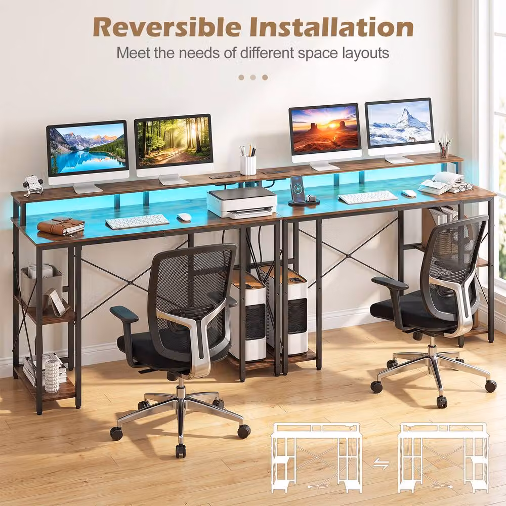 Gymax Brown Gaming Desk with Charging Station and LED Lights – 8