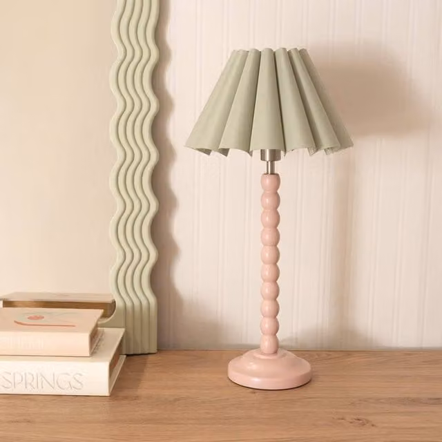 ValueLights Rose Pink Bobbin Stem Table Lamp with Green Fabric Tapered Shade