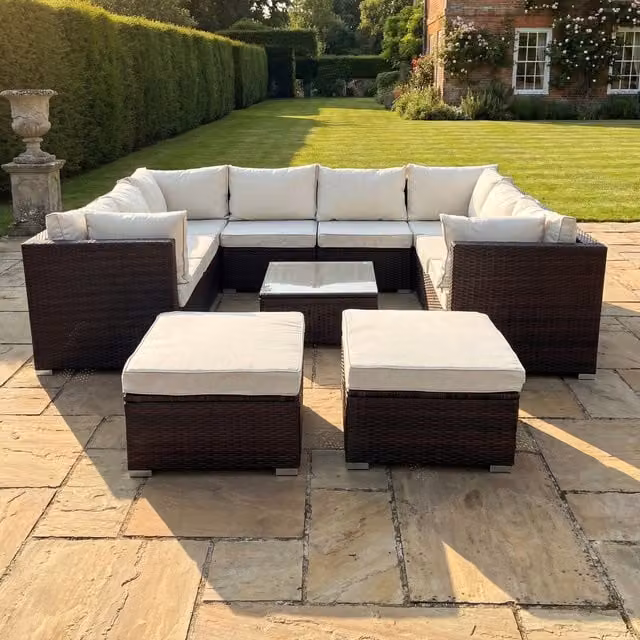 Artemis Home Oliena 10 Seat Modular Rattan Small U-Shape Garden Furniture Set in Cream and Brown