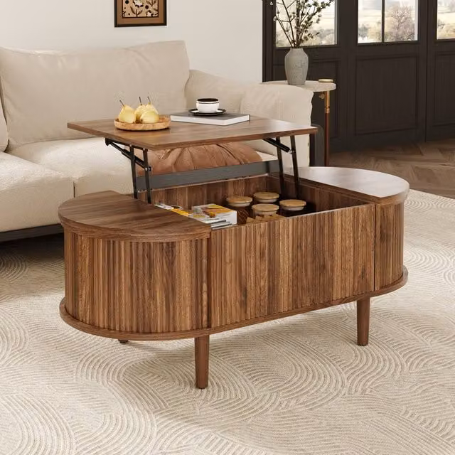 Merax Oval Lift-Top Fluted Coffee Table with Storage in Walnut Brown, W/D/H: 100 x 60 x 48 cm