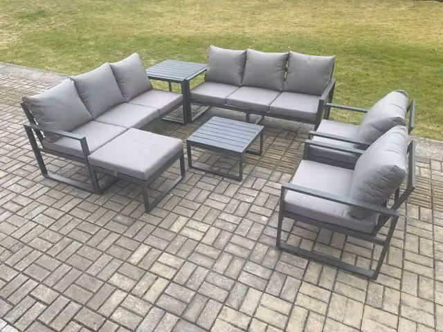 Fimous Modern L-Shape Aluminium Garden Lounge Sofa Set in Dark Grey with Coffee Table and Ottoman