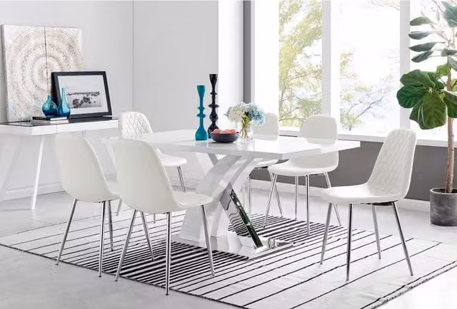 FurnitureboxUK Atlanta Modern High Gloss White Rectangular Dining Table and 6 Corona Silver Chairs Set