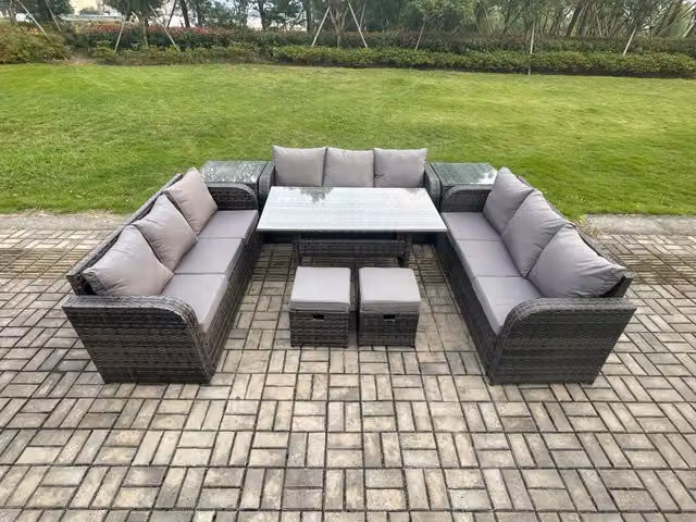 Fimous 11 Seater Grey Rattan Garden Furniture Set with Oblong Rectangular Dining Table, 2 Small Footstools and 2 Side Tables