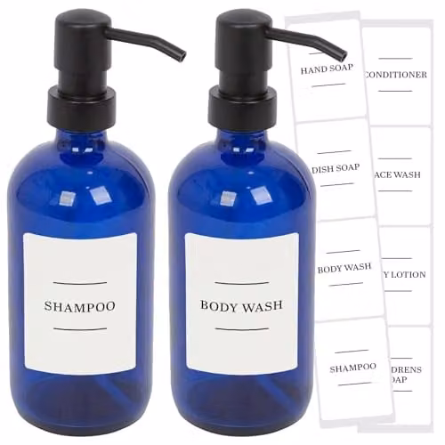 Harbour Housewares Pack of 2 Blue Glass Soap Dispensers with Black Pumps and White Labels, 500ml