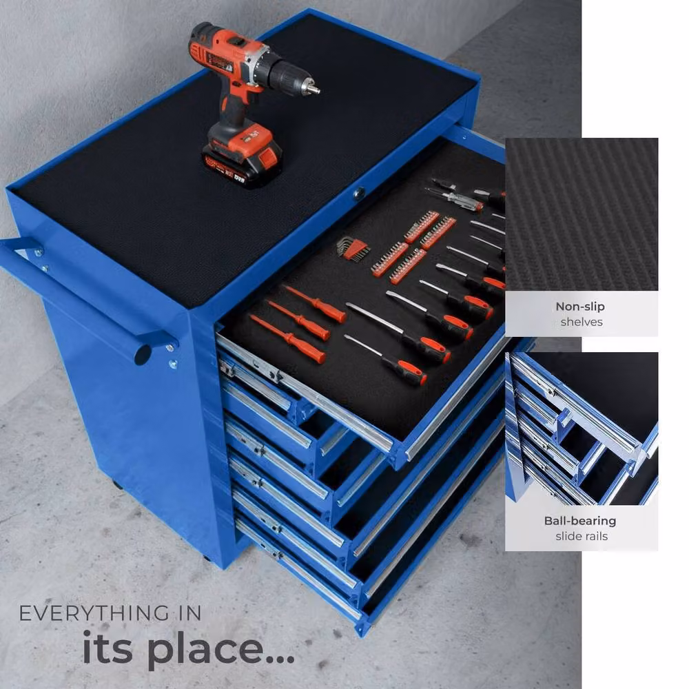 tectake Lockable and Rollable Steel Tool Chest in Blue – 5
