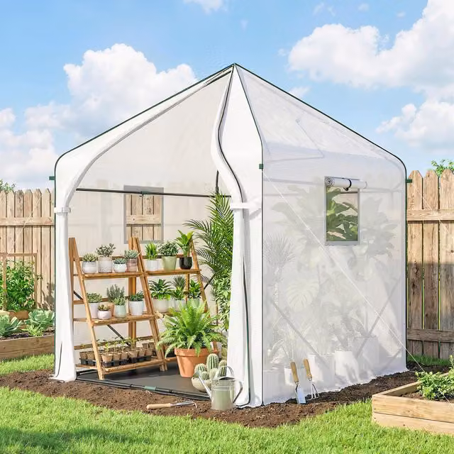 Outsunny Large White Plant House with Roll-up Door and Windows, H 200 x W 160 x D 160 cm