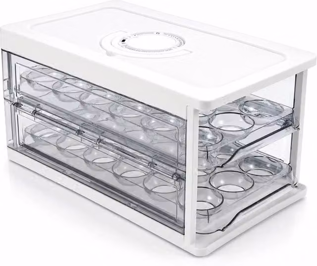 VOGREX 2 Tier Rolling Egg Dispenser for 36 Eggs, Clear and White Fridge Storage Rack – 1
