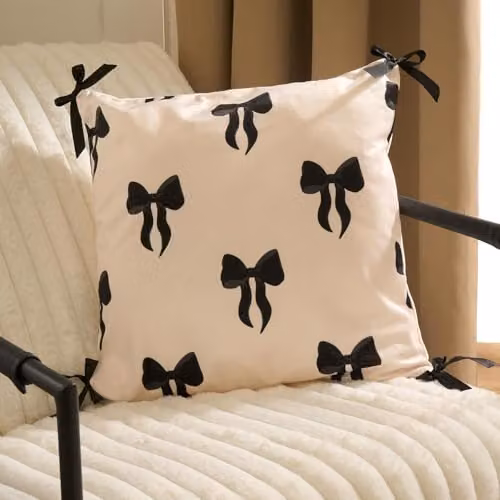 OHS 2 Pack Bow Print Matte Velvet Square Cushion Covers in Black and White, 45 x 45 cm – 2