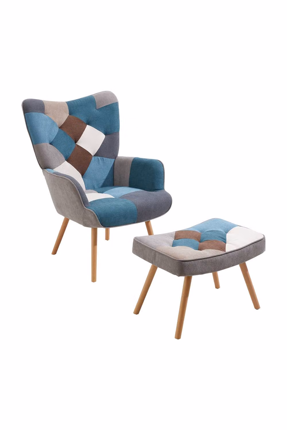 H&O Direct Blue and Multicolour Colour Block Upholstered Wingback Armchair with Matching Footstool – 2