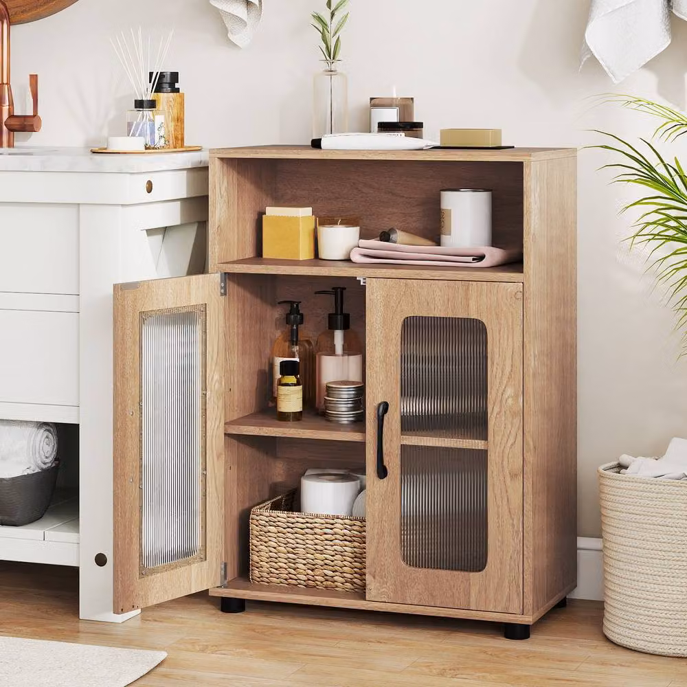 Costway Freestanding Bathroom Cabinet with 2 Hinged Doors and Internal Shelves in Natural Wood Finish – 4
