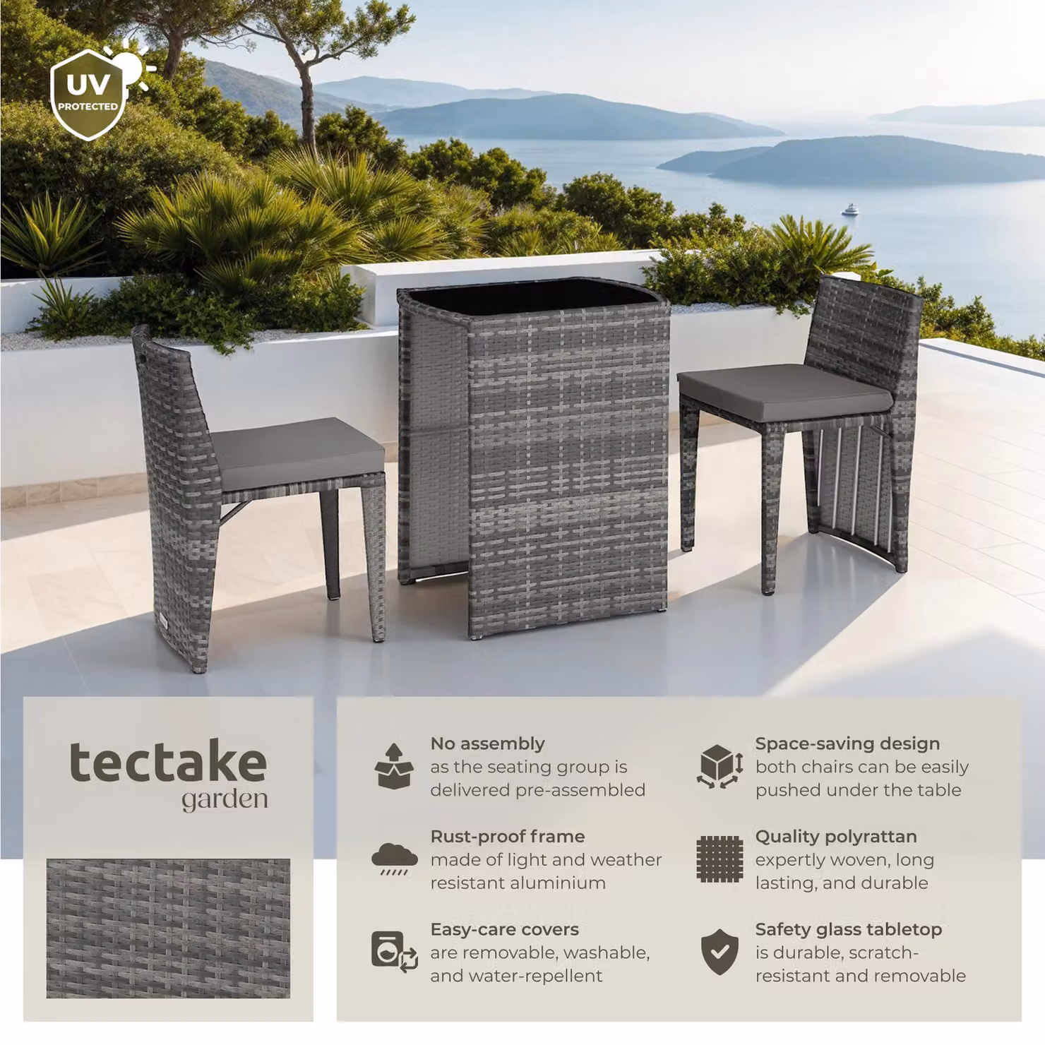 tectake Hamburg Grey Polyrattan Garden Bistro Set with 1 Square Table and 2 Chairs – 2