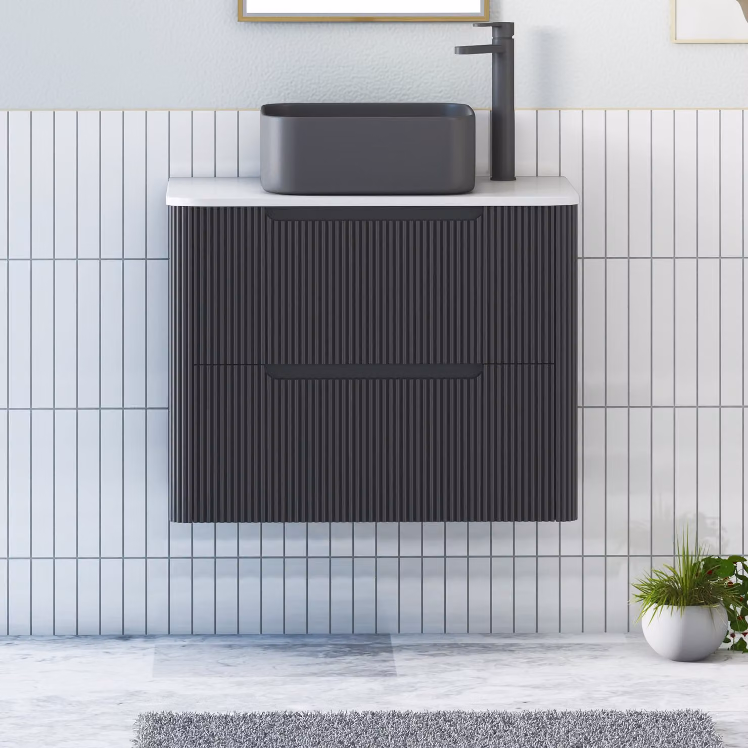 Royal Bathrooms Avenza Wall Hung Vanity Unit in Matt Obsidian Black with 2 Drawers, Plain White Worktop and Art Square Basin, Width: 60 cm