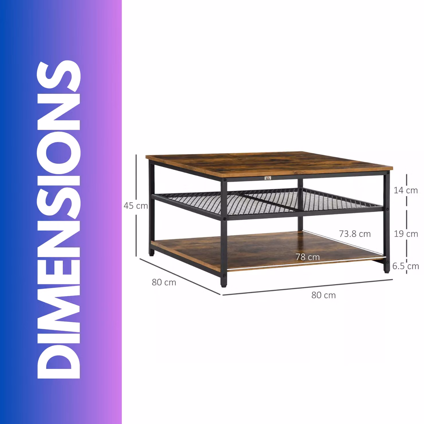 Rafaelo Mobilia Industrial 3 Tier Rustic Coffee Table in Brown and Black, W/D/H: 80 x 45 x 30 cm – 3
