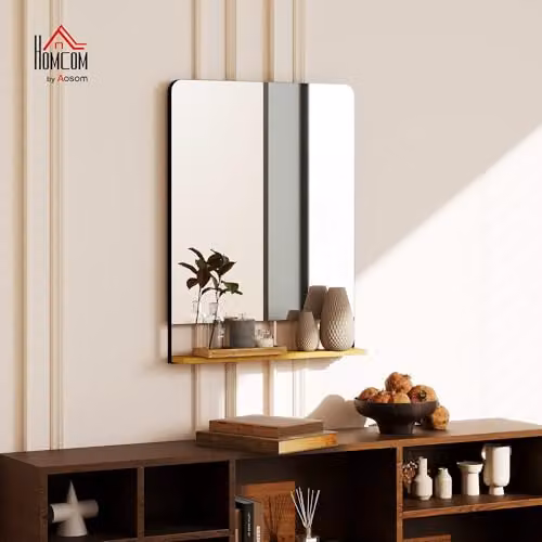HOMCOM Industrial Wall Mirror with Wood Shelf and Metal Frame, Black, W: 80 cm, H: 60 cm – 2