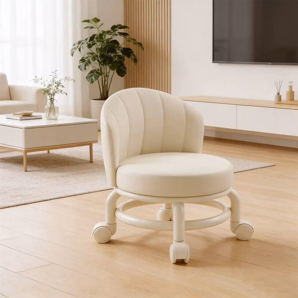 Havendro White Low Cylindrical Stool with Castors and Synthetic Leather Upholstery – 4