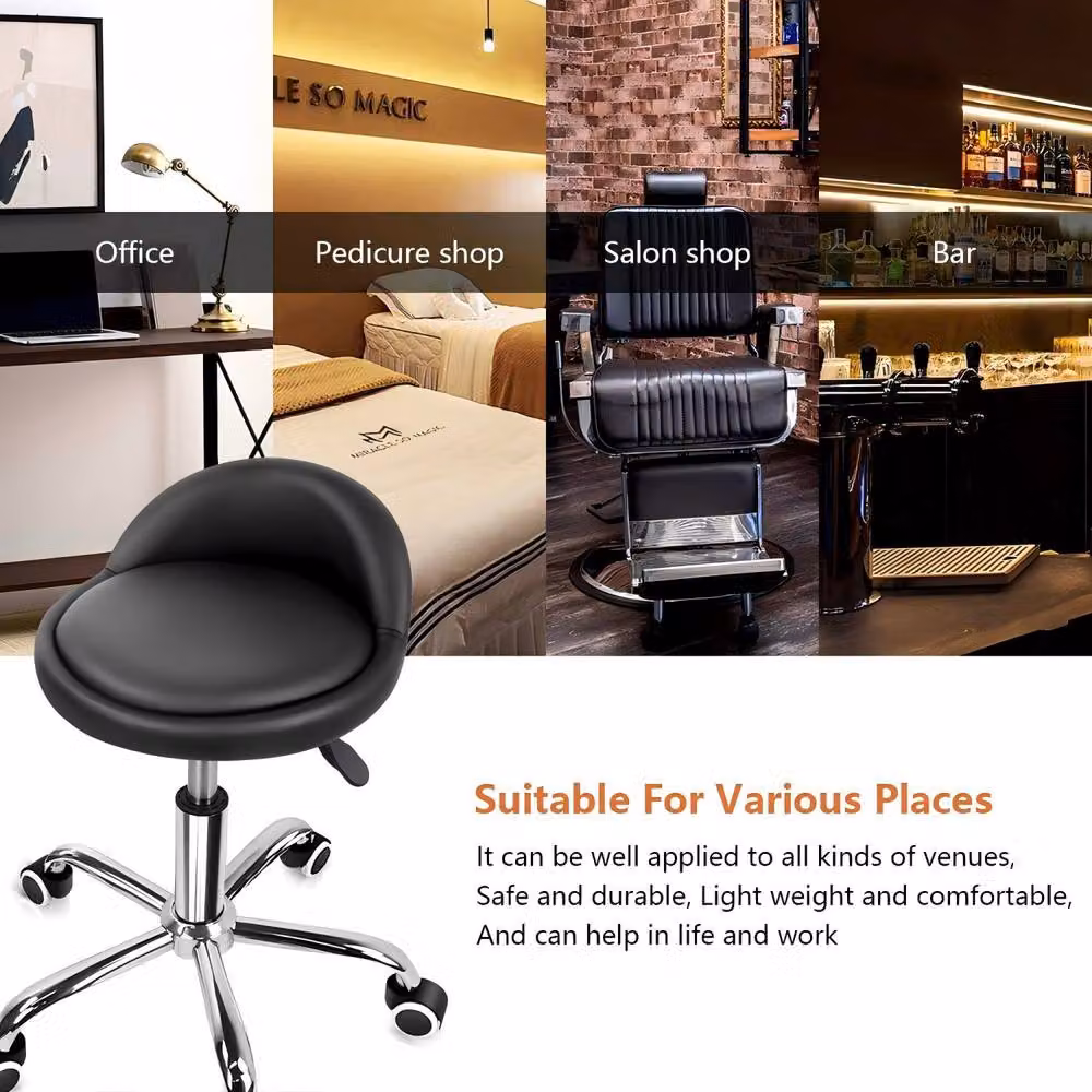 KKTONER Comfortable Black PU Leather Round Rolling Stool with Back Rest and 360 Degree Swivel – 5