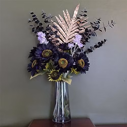 Leaf Design UK Mixed Purple Sunflower and Gold Artificial Floral Display with Round Glass Vase, Height: 80 cm – 2