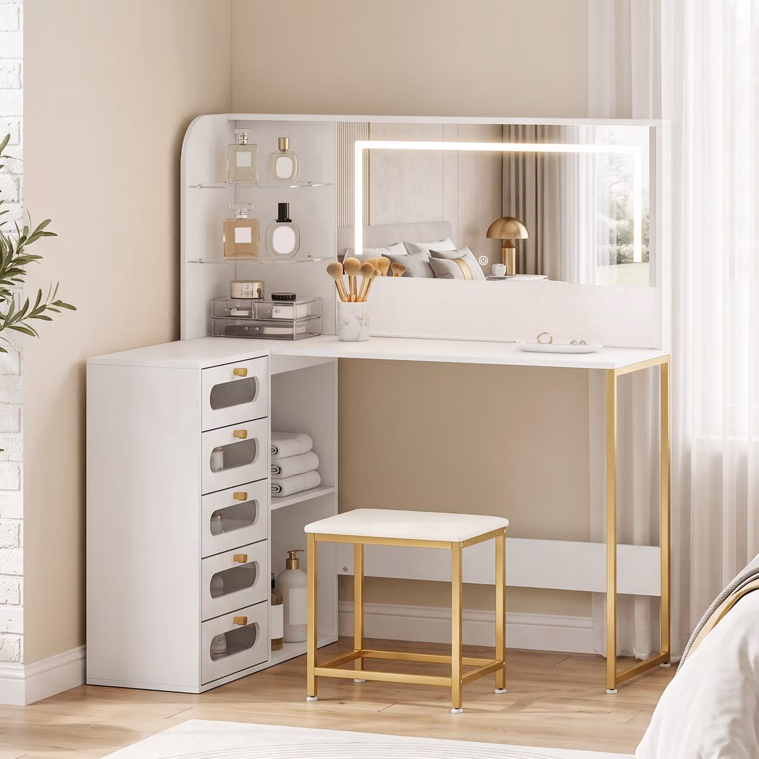 HOMCOM L-Shaped Dressing Table with LED Mirror, Stool and Drawers in White and Gold – 2