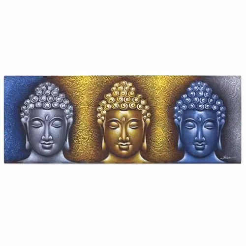 Beespoke Gifts Three Heads Buddha Painting with Gold Detail in Gold and Multicolour – 1