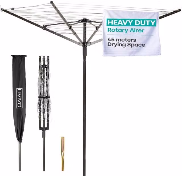 LIVIVO 4 Arm Rotary Outdoor Washing Line and Clothes Dryer in Black with Ground Spike and Cover – 1