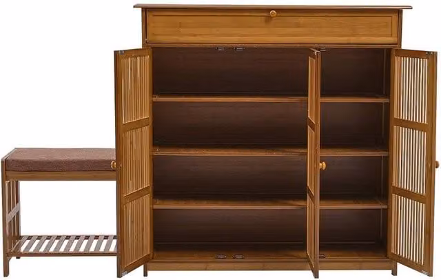 KORVIXA Bamboo Wood Large Shoe Storage Bench Cabinet Organizer in Brown W/D/H: 100 x 100 x 100 cm – 1
