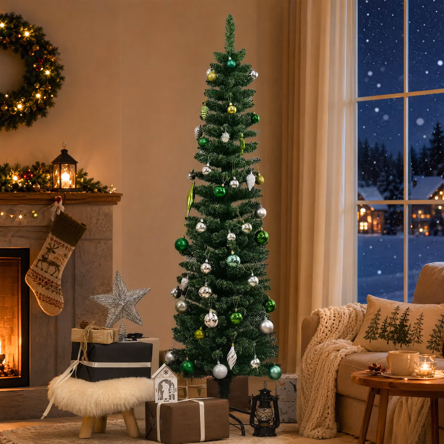 HOMCOM 5.5ft Artificial Snow Dipped Christmas Pencil Tree in Green and White with Black Stand – 5