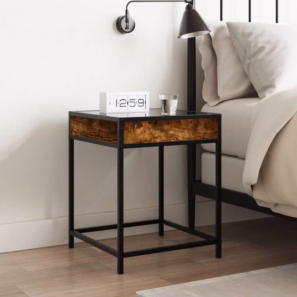 Berkfield Home Infinity LED Bedside Table in Smoked Oak Brown with Mirror Top, W/D/H: 40 x 40 x 51 cm – 1
