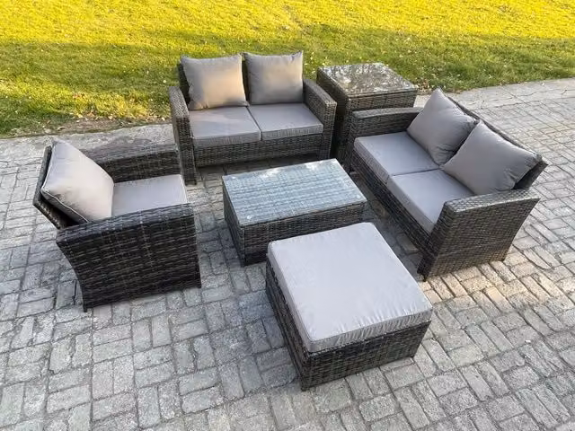 Fimous 6 Seater Grey Wicker Rattan Garden Furniture Set with U-Shape Sofa, Coffee Table and Ottoman