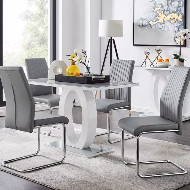 FurnitureboxUK Giovani Modern High Gloss and Glass Rectangular Dining Table with 4 Lorenzo Chairs Set in Grey and White