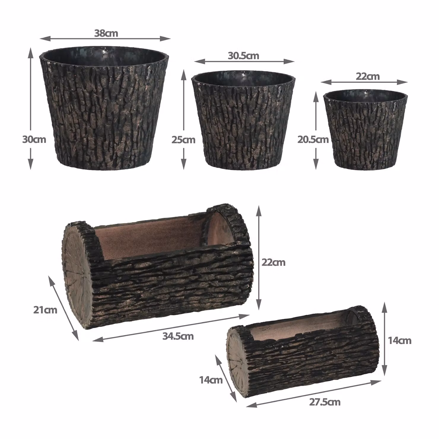 Simpa Woodland Trunk Style Plastic Trough Planters, Set of 2, Brown – 3
