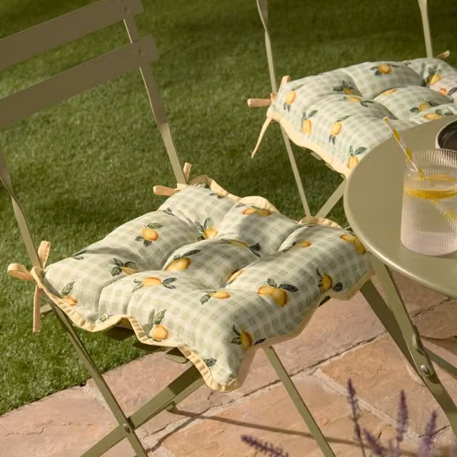 Furn Lemons Sage Green Gingham Check Outdoor Seat Pads, Set of 2, W/D/H: 40 x 40 x 40 cm