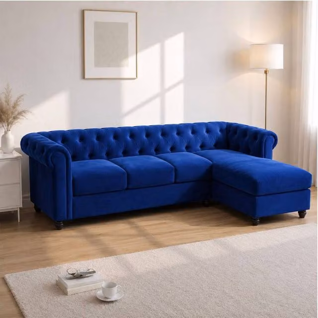 Sofaya Hampton 4 Seater L Shape Chesterfield Sofa in Blue Velvet with Right Hand Chaise – 1