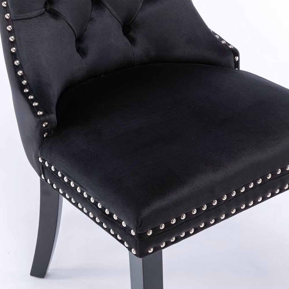 Modern Home Touch Romsey Set of 2 Black Velvet Upholstered Dining Chairs with Oak Legs and Knocker Ring Back – 6