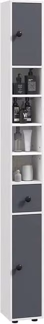 FORGEVIO Modern Narrow Tall Bathroom Cabinet in Dark Grey and White with Hinged Doors and Internal Shelves – 1